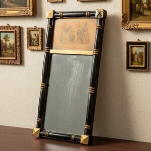 Antique Victorian Mirror Godey Fashion Print 1847-Black Gold Frame-Wall-Eastlake